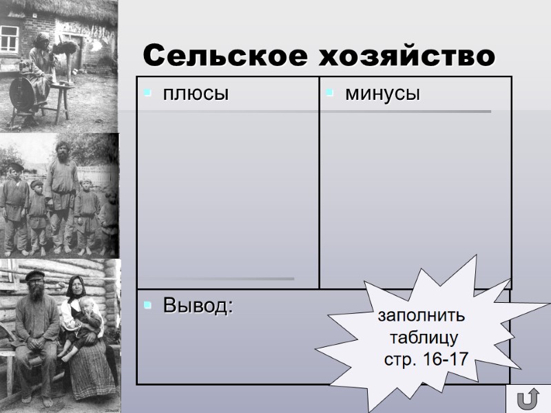 Сельское хозяйство плюсы минусы Вывод: заполнить  таблицу  стр. 16-17